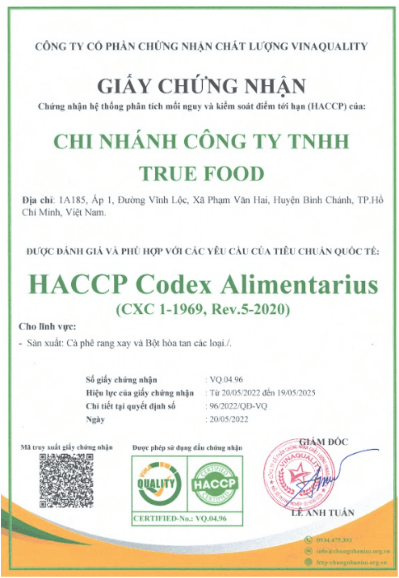 Chứng nhận HACCP KHOCAPHE.VN